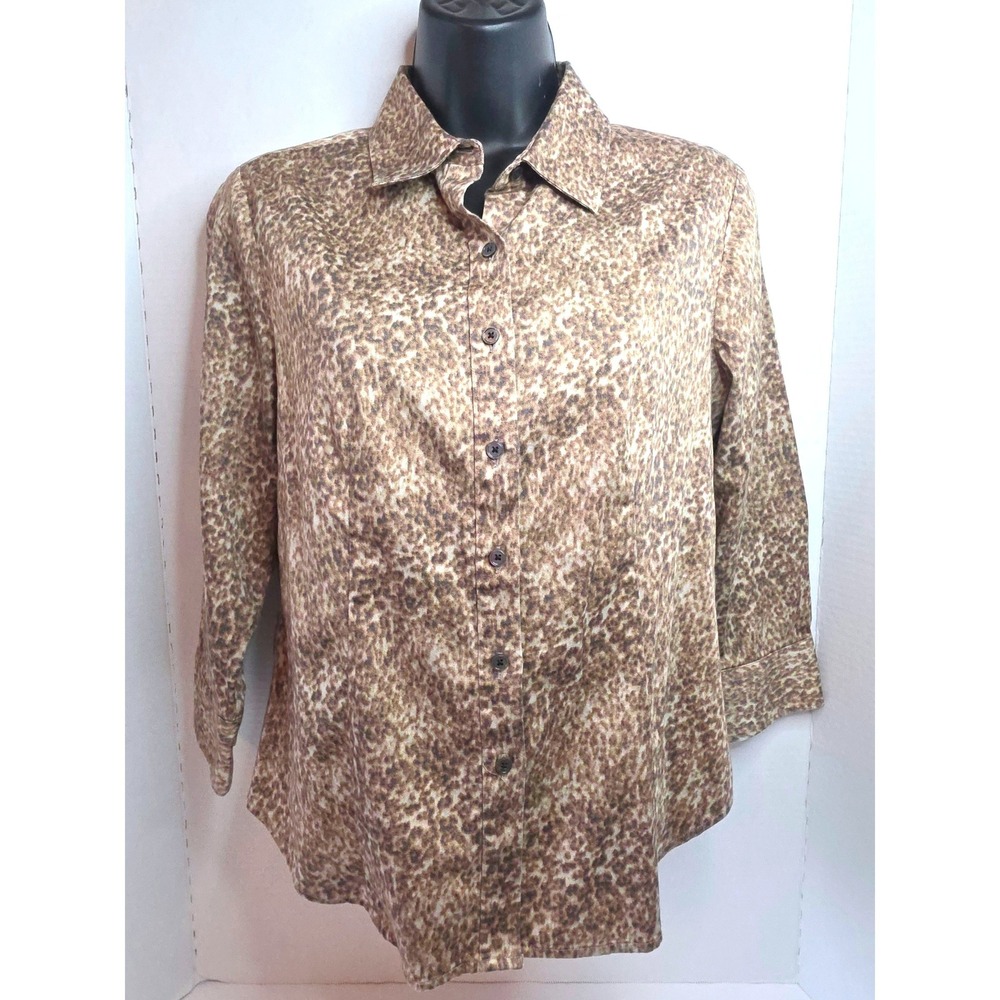 Talbots Petite Button Down Shirt Abstract Leopard Print 3/4 Sleeve Sz 8P Stretch